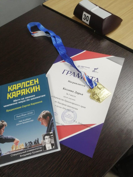 Учащаяся шахматного отделения Богучанской ДЮСШ Козлова Дарья завоевала 2 золотые медали на первенстве Красноярского края 2020г по быстрым шахматам и блицу.
